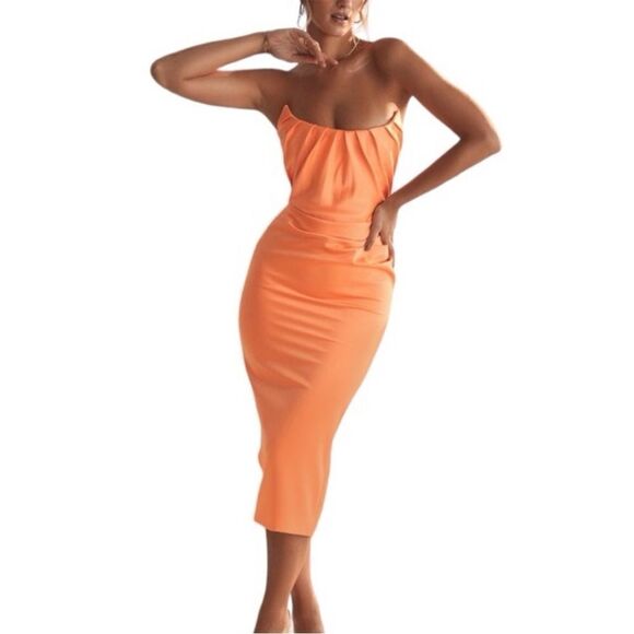 HOUSE OF CB 'Alora' Tangerine Strapless Corset Midi Dress orange NWOT size S - Picture 2 of 9